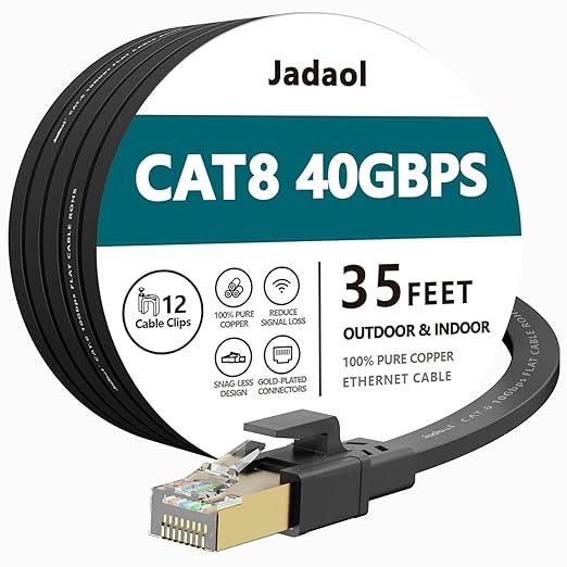 Jadaol Cat 8 Ethernet Cable 35 ft, 40Gbps 2000MHz Flat RJ45 S/FTP LAN Patch by Jadaol