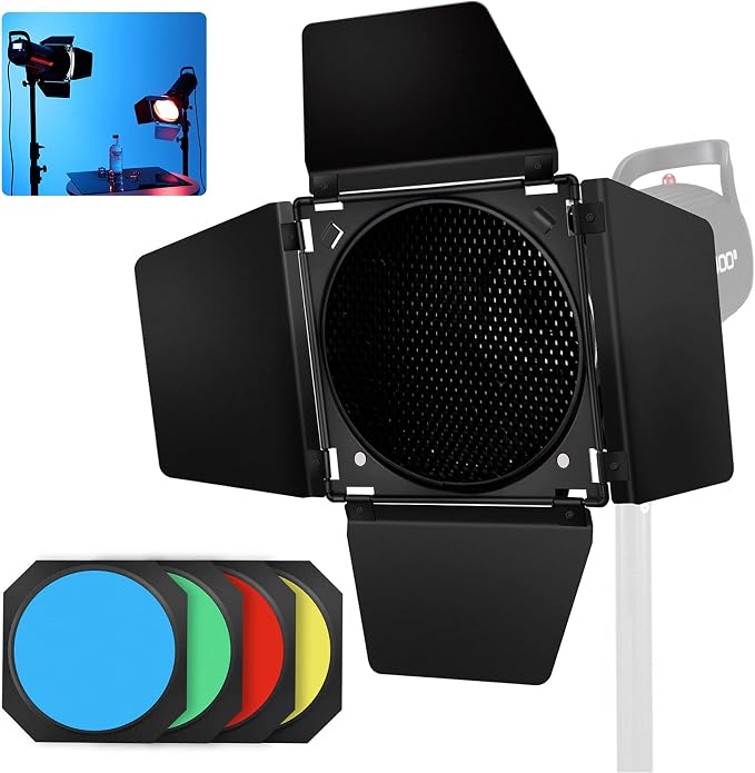 Godox BD-04 Barn Door & Honeycomb Grid &4 Color Gel Filters Compatible - Image 2