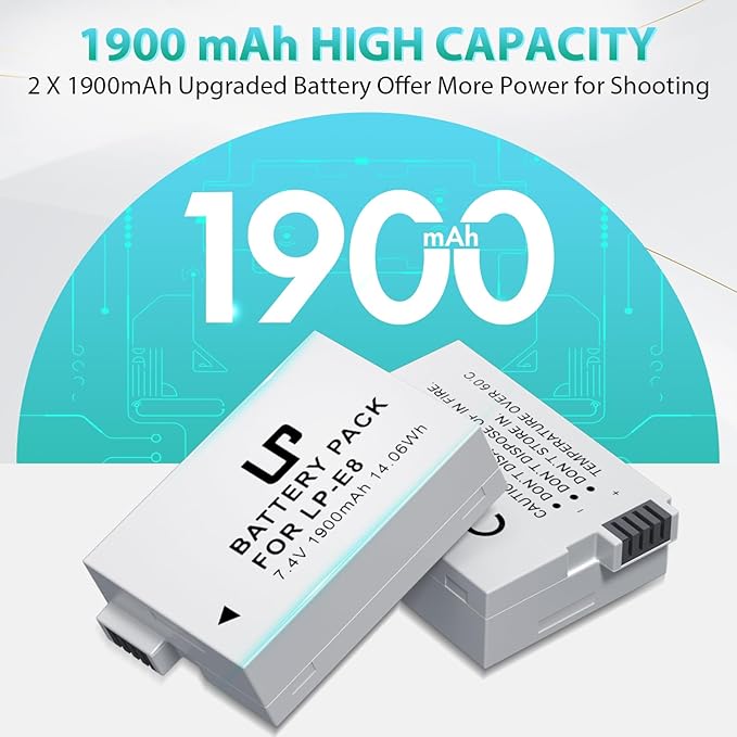 LP E8 Replacement Battery, 2 Pack 1900mAh E8 Batteries - Image 3