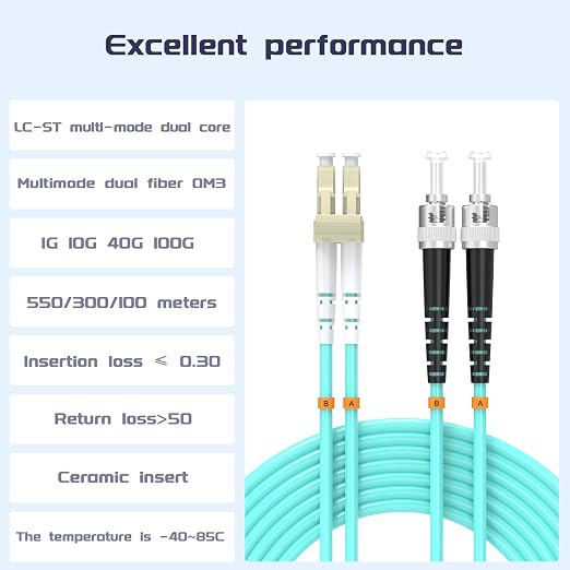 LC/UPC to ST/UPC Fiber Patch Cable OM3 328ft/100meters, 10Gb/Gigabit MultiMode - Image 2