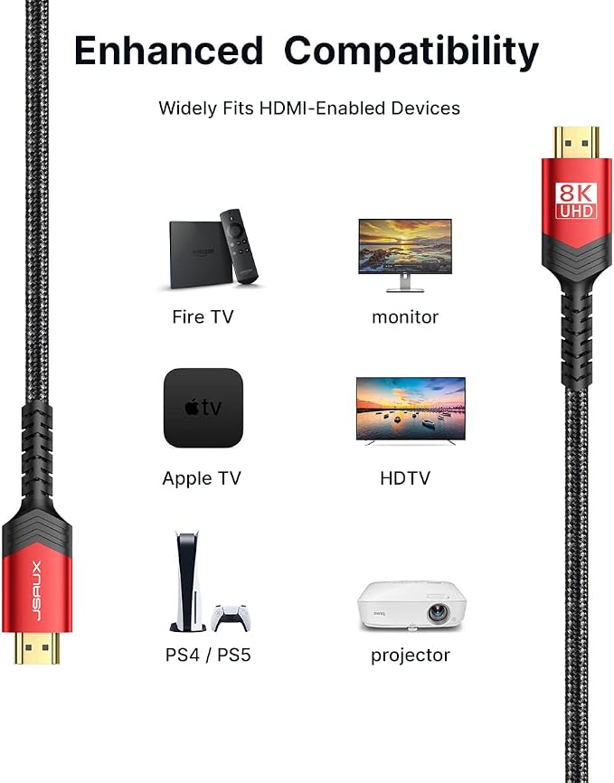 JSAUX 8K HDMI Cable 2.1 6ft 6 Pack, 48Gbps High Speed HDMI Cable Braided HDMI - Image 6