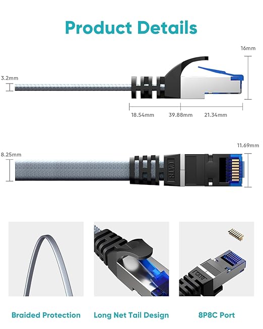 BUSOHE Cat 8 Ethernet Cable 5 ft, Nylon Braided High Speed Heavy Duty Network - Image 4