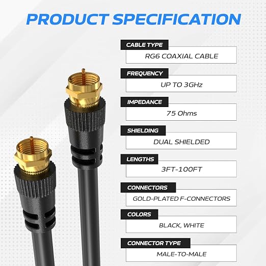 Cables Direct Online Pack of 10 x Coaxial Cables 3FT Black Coax RG6 Male F Type - Image 2
