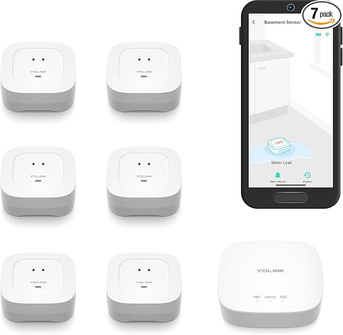 YoLink Water Leak Starter Kit: Hub + 6 Leak Sensor 4, LoRa Long-Range, by YoLink
