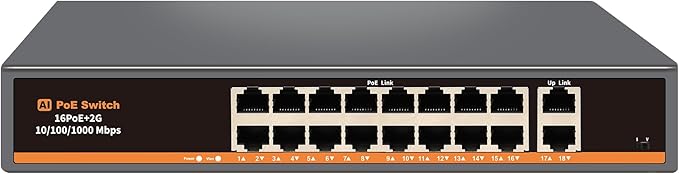 18 Port Unmanaged PoE+ Switch, 16 POE+ Ports & 2 Gigabit Uplink Ports, IEEE by Davuaz