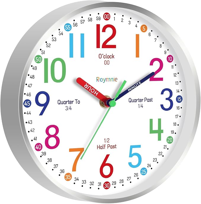 Roymnie Wall Clock for Kids Learning Easily Kids Teaching Clock Silent Non - Image 9