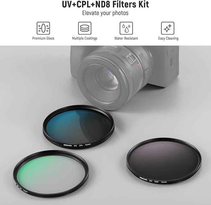 NEEWER 72mm UV/CPL/ND Lens Filter Kit, UV Protection + Circular Polarizing + - Image 2