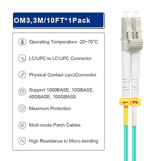 FLYPROFiber- LC to LC Fiber Patch Cable OM3 3M/10ft, Length Options: 0.2m-200m - Image 4