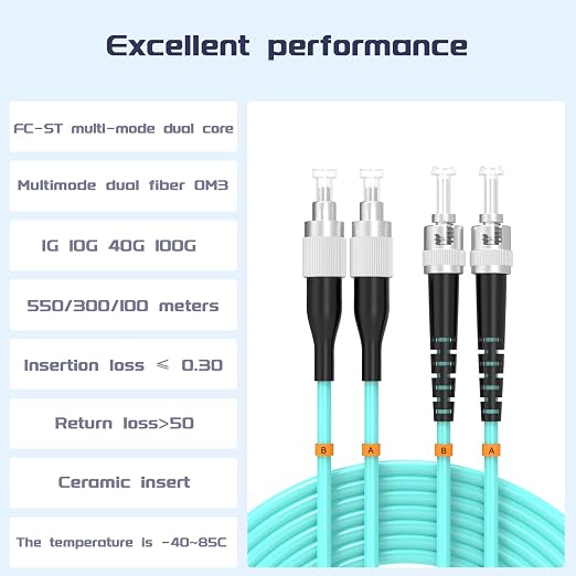 OM3 FC/UPC to ST/UPC Fiber Patch Cable 30Meters 100ft 10BG Multimode Duplex - Image 2