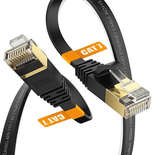 Cat7 15FT Ethernet Cable Flat-Black-10Gbps Ultra Slim High Speed Double Shielded by SURPLAY-WinningHighSpeed