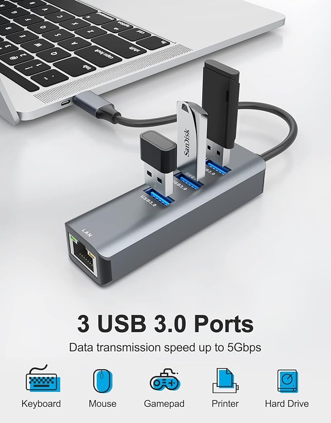 ABLEWE USB C to Ethernet Adapter, 4-in-1 RJ45 to USB-C/Thunderbolt 3 to Gigabit - Image 3