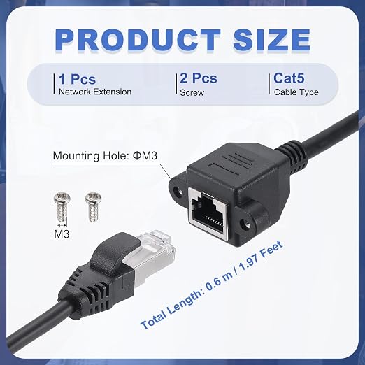 MECCANIXITY Cat5 Ethernet Extension Cable, 2Ft RJ45 Male to Female Screw Panel - Image 2
