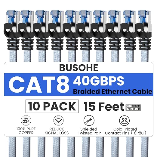BUSOHE Cat 8 Ethernet Cable 15 FT 10 Pack, Nylon Braided High Speed Heavy Duty by BUSOHE