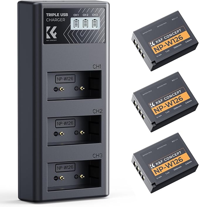 K&F CONCEPT 3-Pack NP-W126 Battery and Upgraded 3-Slot NP-W126S XT30III Battery by KFCONCEPT