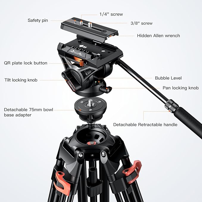 COMAN 74" Camera Tripod, Heavy Duty Video Tripod - Image 6