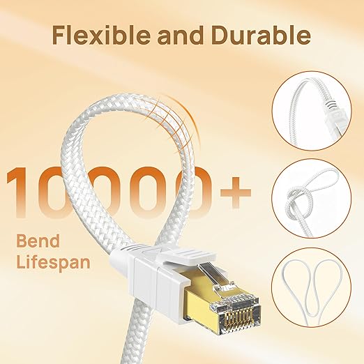 Orbram Cat 8 Ethernet Cable 10 ft White, Nylon Braided High Speed Heavy Duty - Image 5