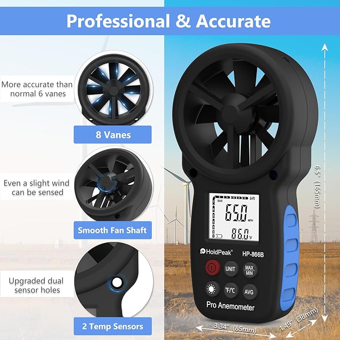 HoldPeak 866B Handheld Anemometer, Digital Wind Speed Gauge Meter, Air Flow - Image 2