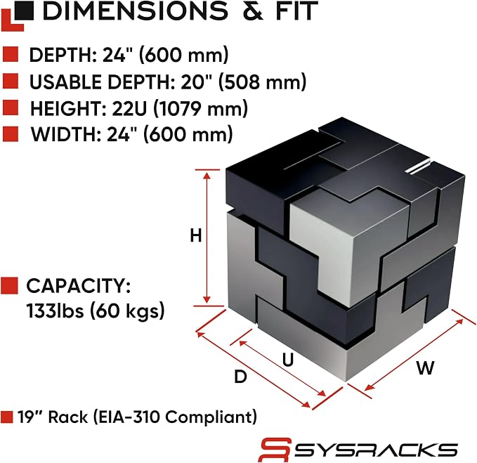 22U Wall Mount Server Rack Cabinet – 19" Network Rack Enclosure, PDU & 2 Shelves - Image 3