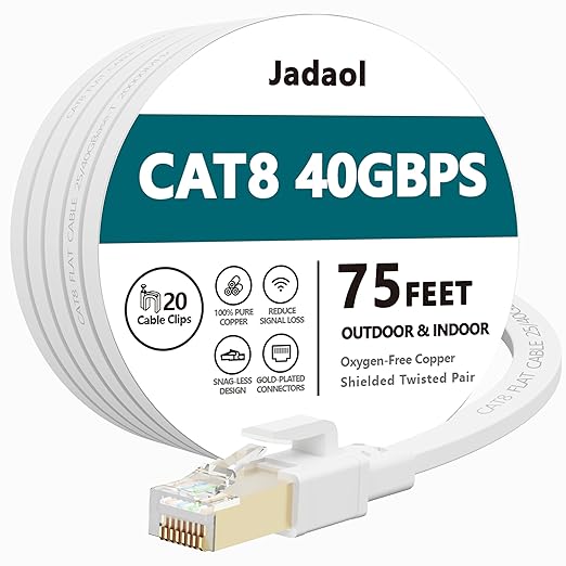 Jadaol Cat 8 Ethernet Cable 75 ft, 40Gbps 2000MHz Flat RJ45 S/FTP LAN Patch by Jadaol