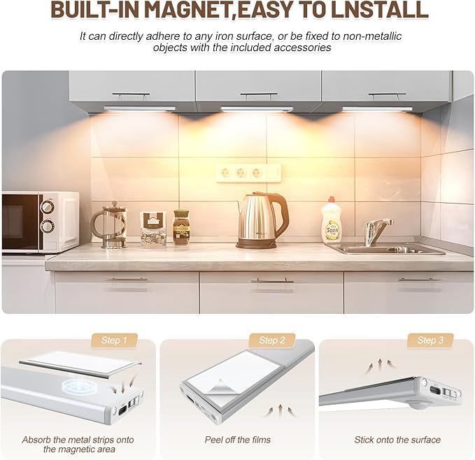 6 Pack Under Cabinet Lighting Wireless, 68 LED Rechargeable Battery Motion - Image 6