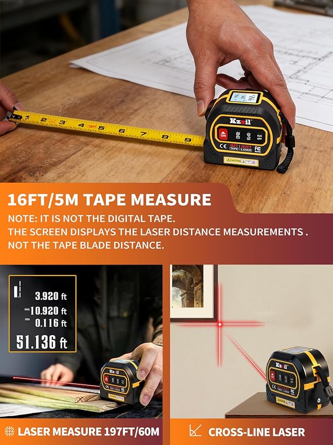 4-in-1 Tape Measure 196ft Laser Tape Measure 16ft Manual Tape - Image 4