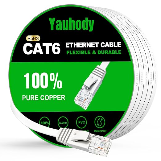 Yauhody CAT 6 Ethernet Cable 82ft White, High Speed Solid Flat CAT6 Gigabit by Yauhody