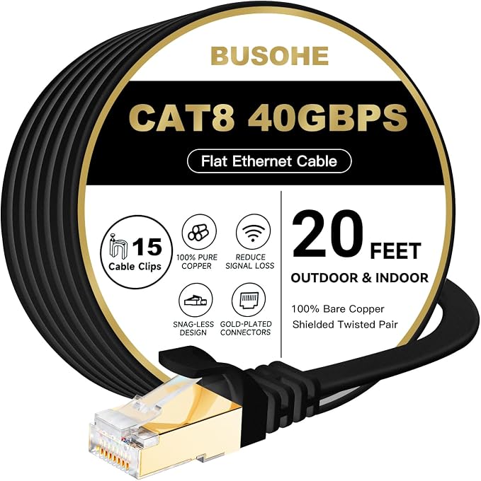 Cat 8 Ethernet Cable 20 FT, BUSOHE 40Gbps 2000MHz Cat8 High Speed Flat Internet by BUSOHE