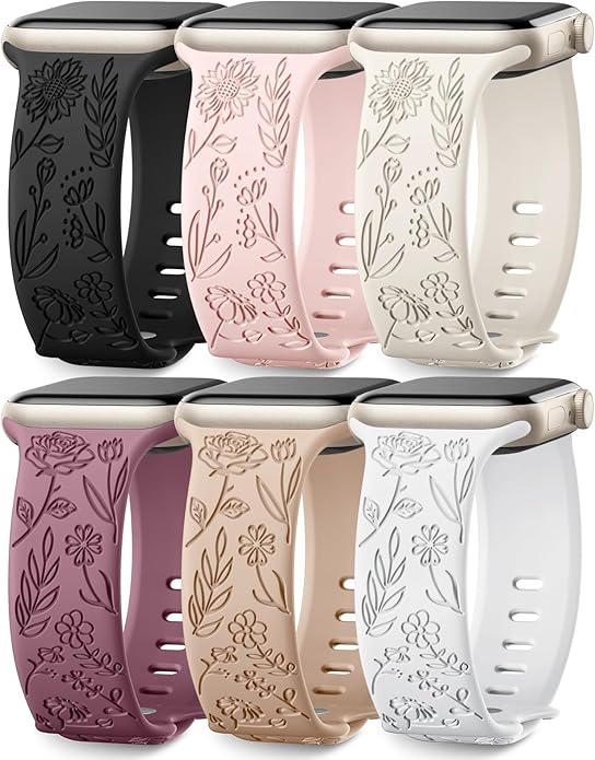 SNBLK 6 Pack Floral Engraved Bands Compatible by SNBLK