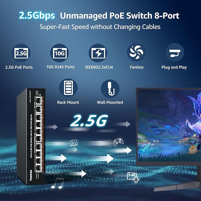YuanLey 8 Port 2.5G PoE Switch Unmanaged, 8 x 2.5G Base-T PoE Ports, 2X 10G - Image 2