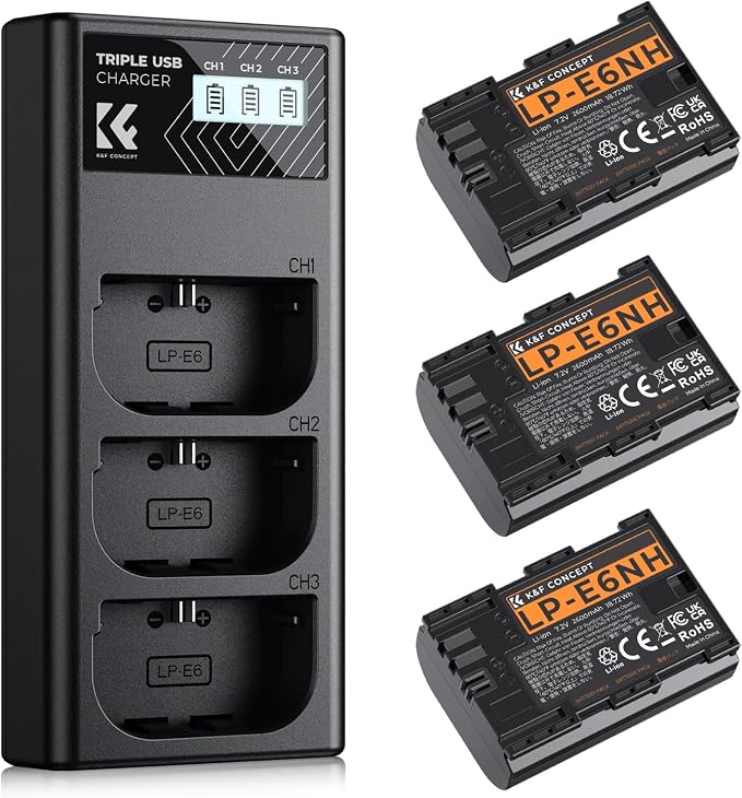 K&F CONCEPT 2600mAh LP-E6NH Battery and 3-Slot Battery Charger Compatible by KFCONCEPT