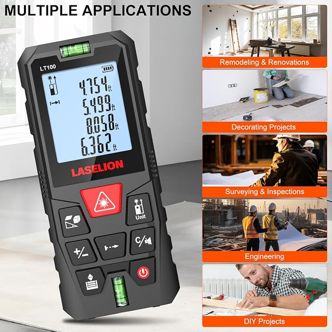 LT100 Laser Measure, 328ft/100m Laser Measurement Tool, - Image 6