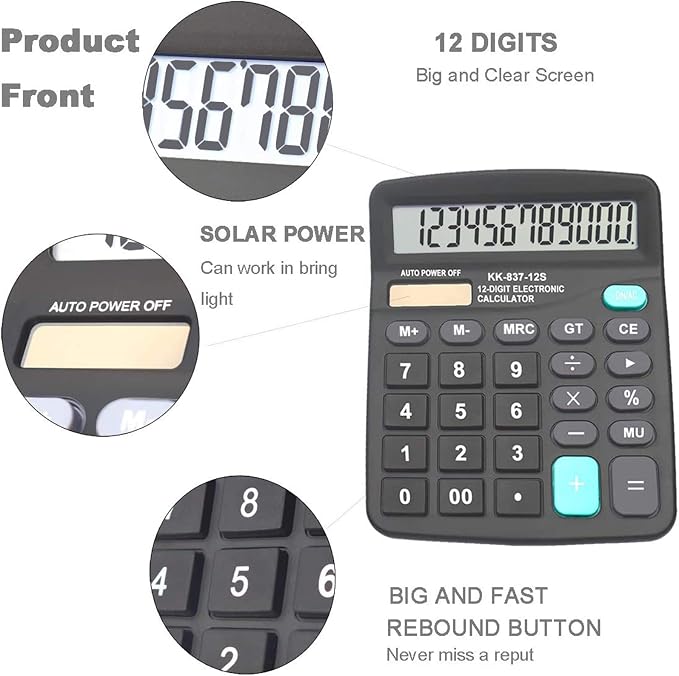 Calculators for Desk, BESTWYA 12-Digit Dual Power Handheld Desktop Calculator - Image 2