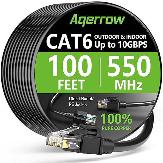 Aqerrow Cat6 Ethernet Cable 100FT, Outdoor Direct Burial Cat 6 Cable 24AWG High by EthernetCable