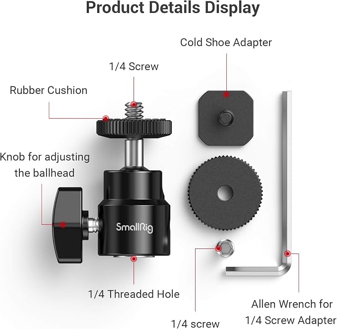 SmallRig 1/4" Camera Hot Shoe Mount, Ballhead Tripod - Image 4