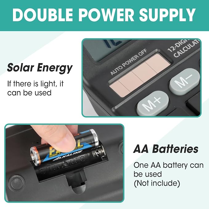 2 Pcs Calculator, 12 Digits Calculators Desktop, Solar and Battery Dual Power - Image 3