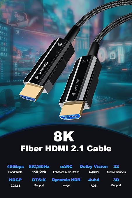 8K Long HDMI 2.1 Cable 25ft, Fiber Optic HDMI Cable Braided Cord, High Speed - Image 3