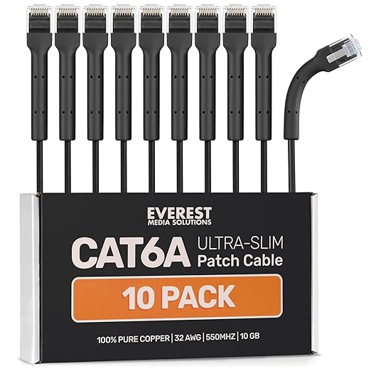 Everest Ultra Slim Cat6a Ethernet Patch Cables 15ft Black by EverestMediaSolutions