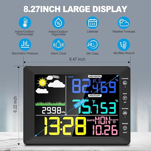 Urageuxy Weather Station Wireless Indoor Outdoor, 8.3 Inch Color Display - Image 2