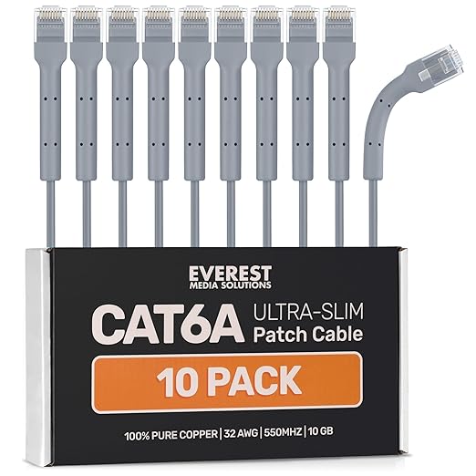 Everest Ultra Slim Cat6a Ethernet Patch Cables 2ft Gray by EverestMediaSolutions
