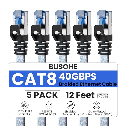 BUSOHE Cat 8 Ethernet Cable 12 FT 5 Pack, Nylon Braided High Speed Heavy Duty by BUSOHE