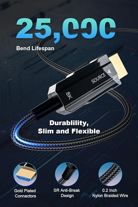 8K Long HDMI 2.1 Cable 25ft, Fiber Optic HDMI Cable Braided Cord, High Speed - Image 8
