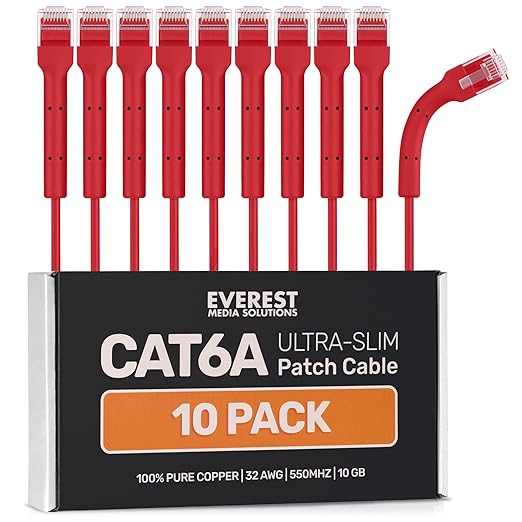 Everest Ultra Slim Cat6a Ethernet Patch Cables 10ft Red by EverestMediaSolutions