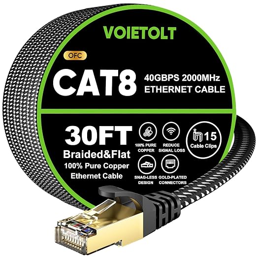 Cat 8 Ethernet Cable 30 FT Flat, High Speed 40Gbps 2000Mhz Braided Internet by EthernetCable