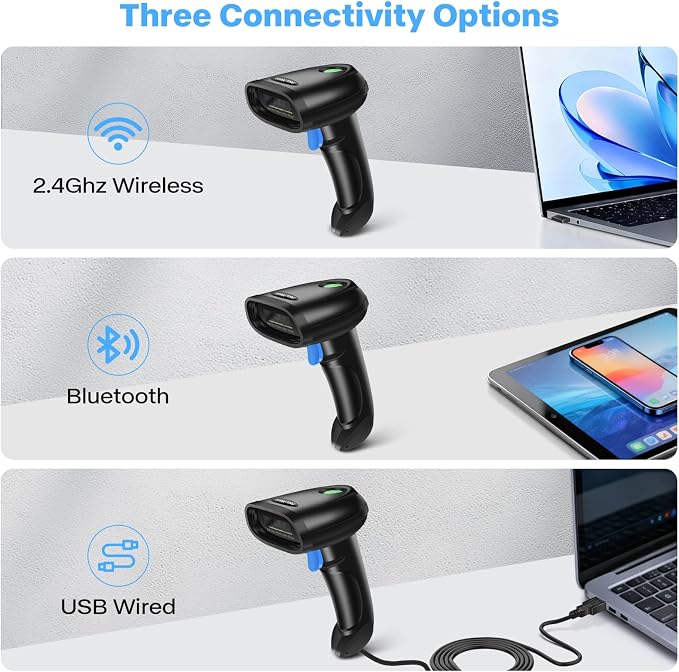 Bluetooth 1D&2D Barcode Scanner, 3-in-1 Bluetooth & USB Wired & 2.4G Wireless - Image 3
