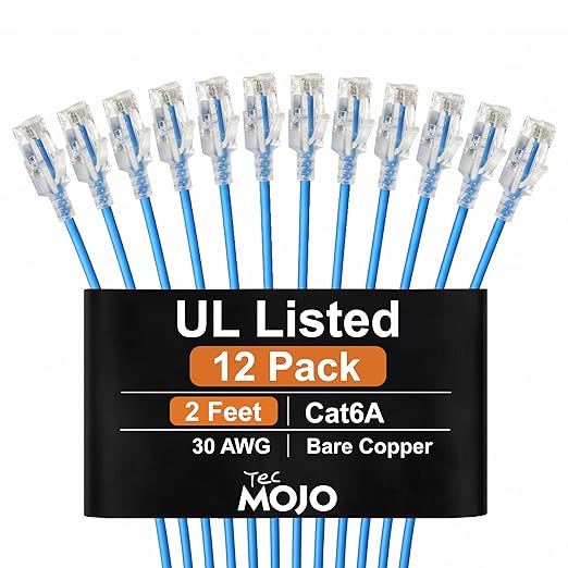 Tecmojo UL Listed Ultra-Slim Cat6a 2ft Ethernet Patch Cable, 30AWG 100% Pure by Tecmojo