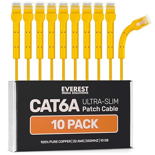 Everest Ultra Slim Cat6a Ethernet Patch Cables 6ft Yellow by EverestMediaSolutions