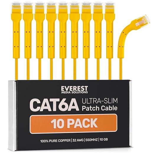 Everest Ultra Slim Cat6a Ethernet Patch Cables 0.5ft Yellow by EverestMediaSolutions
