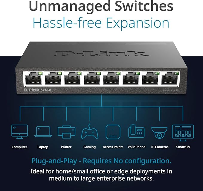 D-Link DGS-108, 8 Port Gigabit Ethernet Switch Unmanaged, Network Splitter - Image 3
