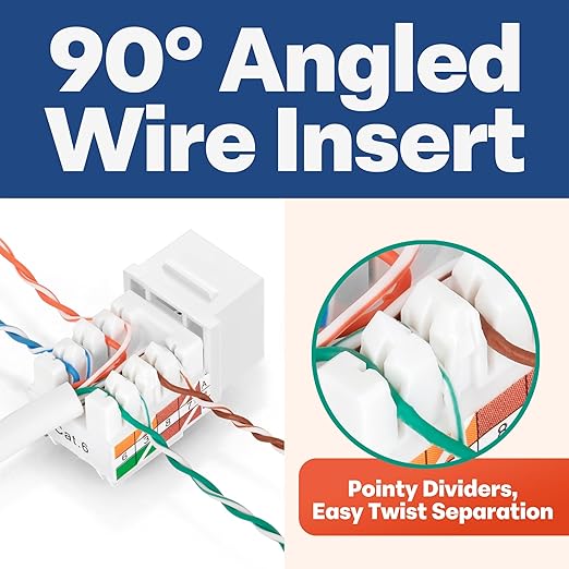 Everest 90° Angled RJ45 Cat6 Keystone Jacks 50-Pack in White - Image 3
