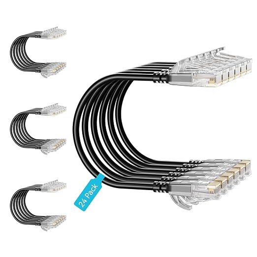 Cat6 Slim Patch Cables 2 Feet 24-Pack Black, Cat6a Patch Cables 10Gbps 550MHz by Unknown
